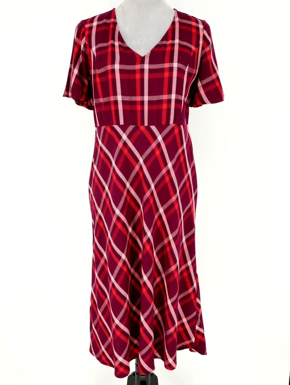 J Jill Dress Womens Small Red Plum Plaid Midi Fit n Flare V Neck Career Office